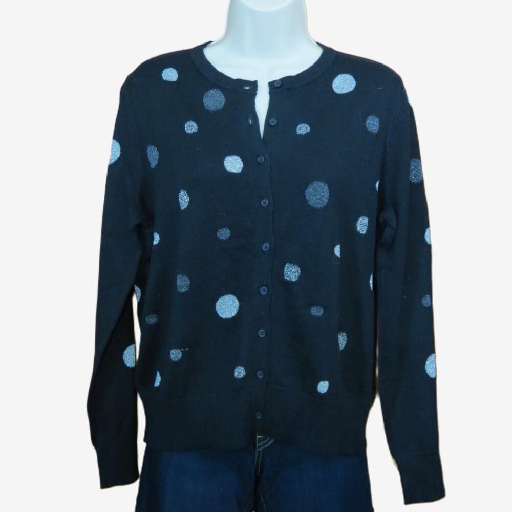 Foxcroft Black & Silver Polka Dot Cardigan Sweater Large